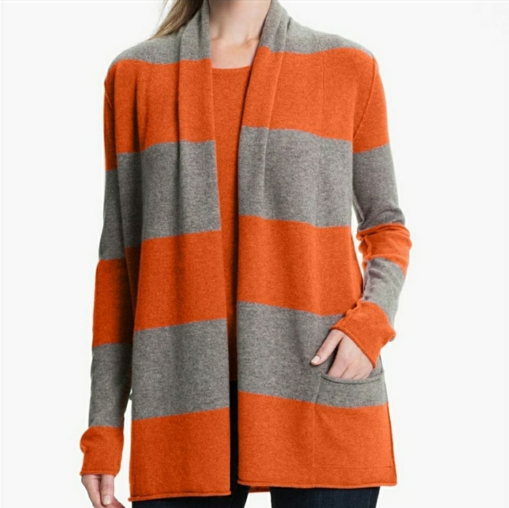 Pure Amici 100% Cashmere orange & gray stripes long line open front cardigan XL